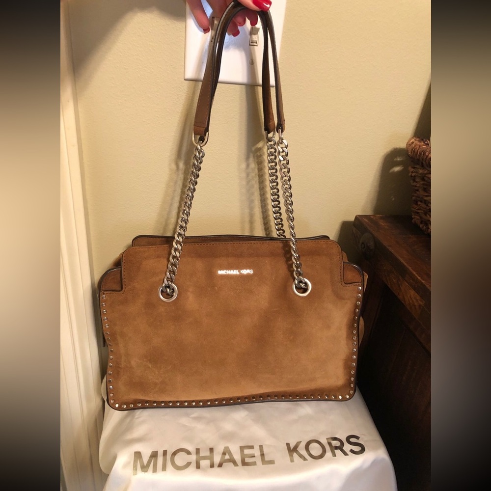 Michael Kors Astor large double chain strap studded suede purse